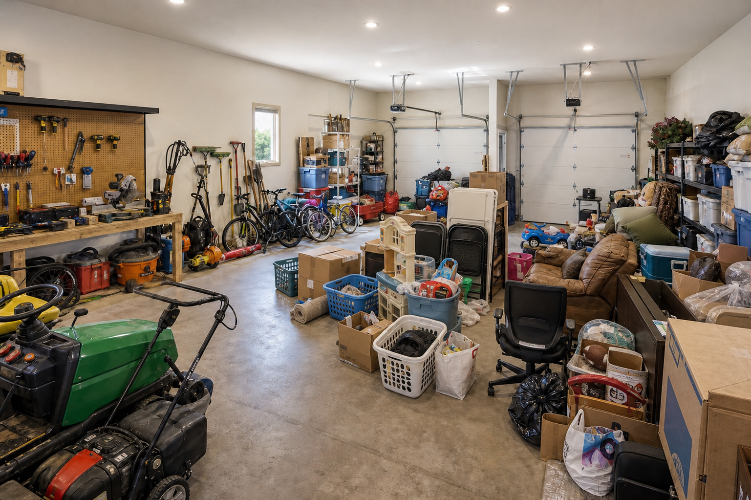 Large two-car family garage filled with years of accumulated household items before cleanout