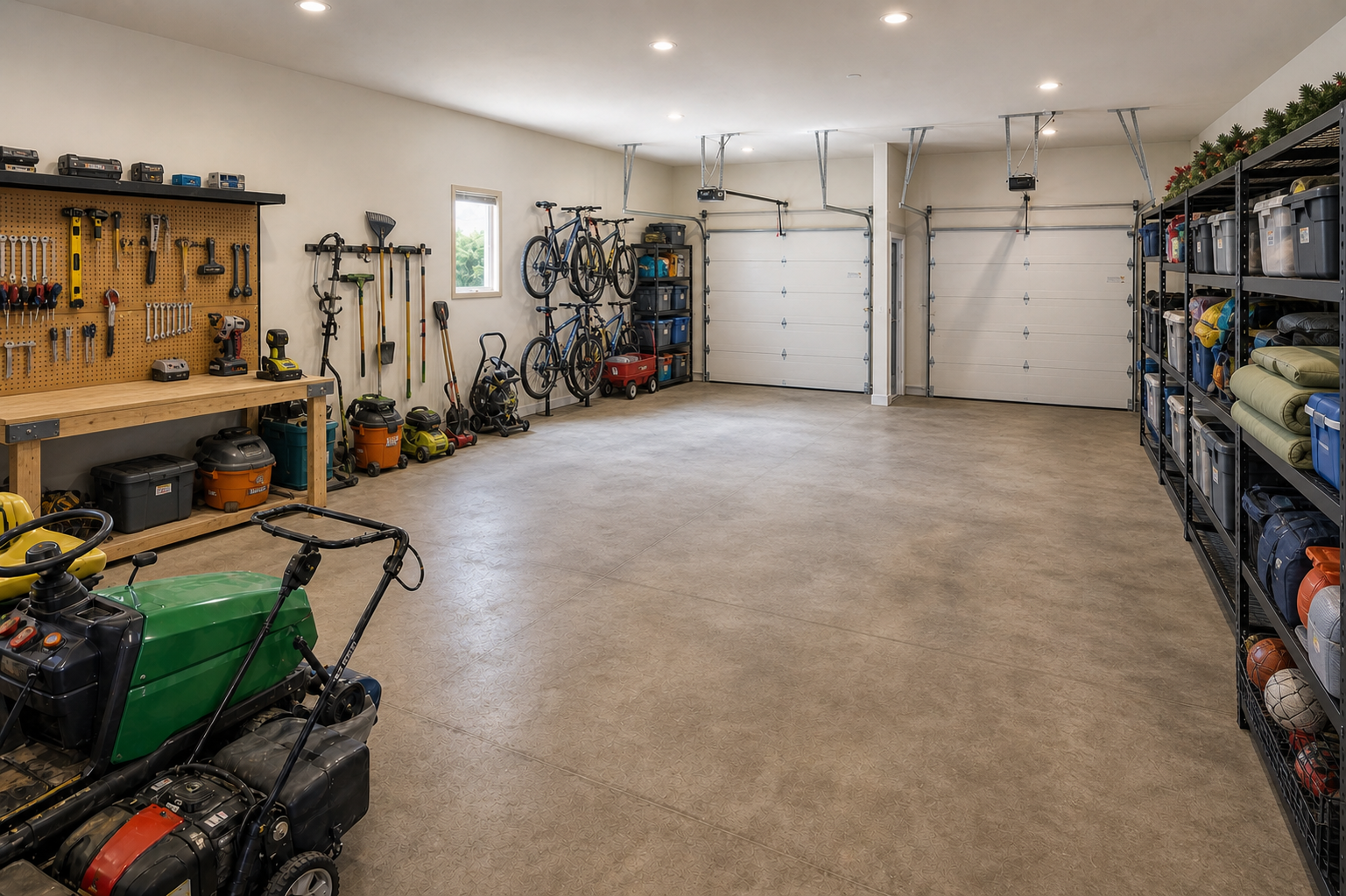 Same two-car garage after junk haul-away, cleanup, shelving installation, and organization