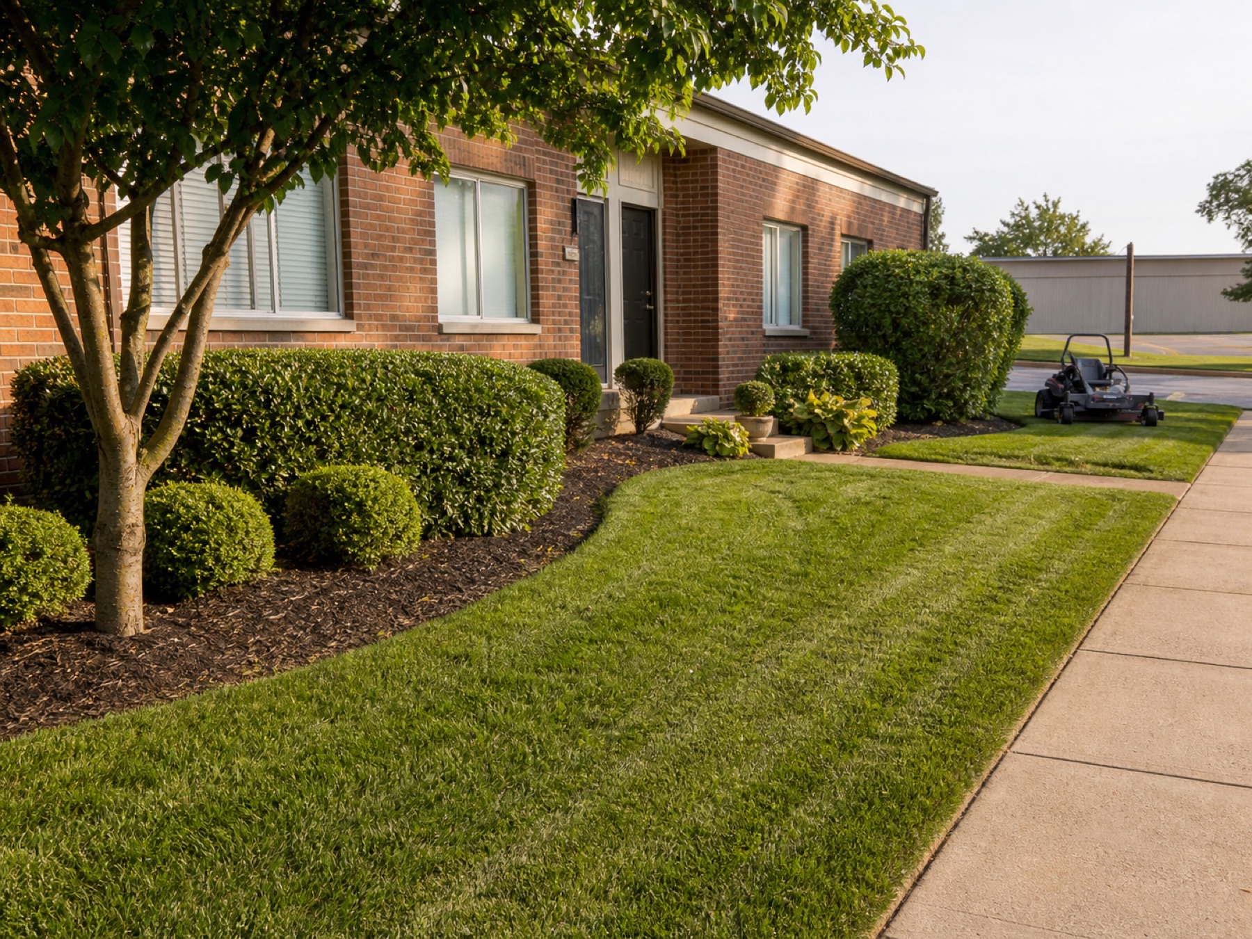 Maintained commercial property grounds with professional mowing equipment